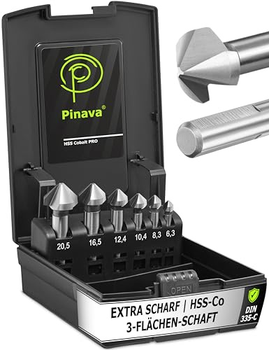 Pinava® Kegelsenker Set HSS-E Cobalt Pro 90° Ø6.3-20.5mm - [Extra Triangular Schaft] - Scharfe Profi Senker & Entgrater für Edelstahl, Baustahl, NE Metall, Kunststoff, Holz - Senkbohrer Versenker