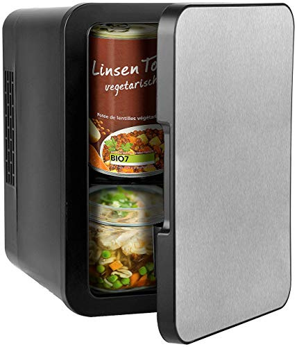 Rosenstein & Söhne Mini Kühlschrank Büro: Mini-Kühlschrank mit Warmhalte-Funktion, Edelstahlfront, 12/230 V, 4 l (Tischkühlschrank, 4 Liter, Boot)