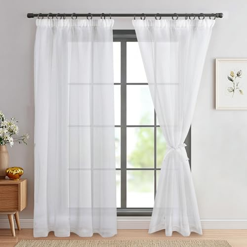 DWCN Weiß Gardinen mit Kräuselband Transparent Vorhänge für Schienensystem | H245 x B140cm, mit Raffhalter, Leinenoptik, Lichtfilterung, für Wohnzimmer Schlafzimmer Kinderzimmer, 2er Set