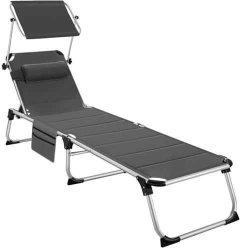 tectake® Sonnenliege mit Dach, Liege klappbar mit Kopfkissen + Seitentasche, zusammenklappbar, leicht tragbar, Aluminium Strandliege, Liegestuhl klappbar für Garten, Sonnenliege Camping - grau