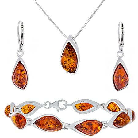 AMBEDORA Damen Großes Amber 846B Schmuck Set, Sterling Silber 925 Glanz, Cognac Baltischen Bernstein, Silber Anhänger mit Kette und Ohrringe