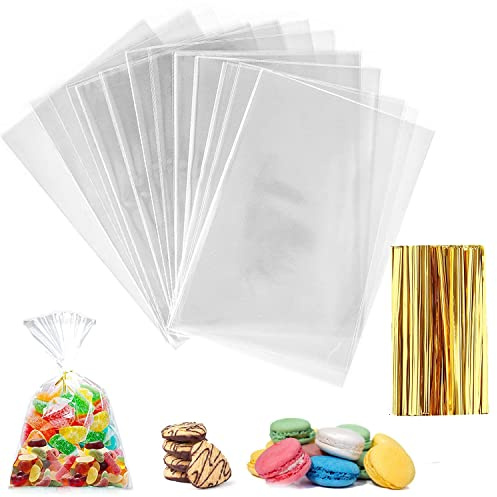 200 Stück Durchsichtige Cellophantüten 15 x 20 cm Durchsichtige Tüten | Süßigkeiten Geschenkbeutel mit 200+ bunten Krawatten Brot Transparente Cellophantüten in mehreren Größen