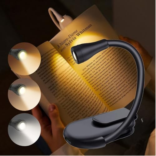 AMFUN Leselampe Buch Klemme, Wiederaufladbar Buchlampe, 3 Farbtemperatur Modi, USB Wiederaufladbare Klemmleuchte, 360° Flexibel für Nachtlesen ins Bett, perfekt für Buchliebhaber und Kinder