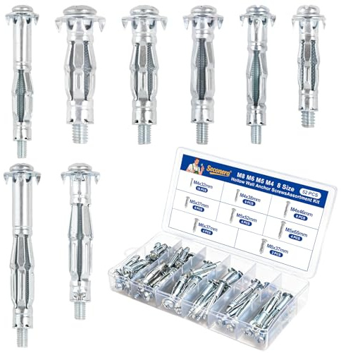 Seconero 52 Stück Hohlraumdübel Set, M4 M5 M6 M8 Hohlraumdübel Metall Schwerlast Verzinkter Stahl, 8 Größen Geeignet für Schwere Gipsplatten und Hohlwände, Hohlwanddübel Doppelt Beplankt