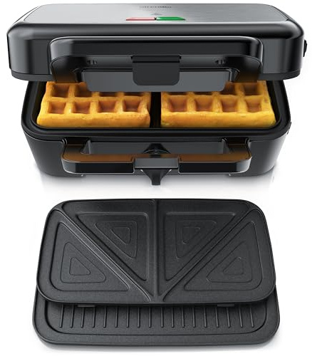 Arendo - Waffeleisen mit abnehmbaren Platten 3 in 1 - mit Antihaftbeschichtung - spülmaschinentauglich - Waffeleisen doppelt - Temperaturkontrolle – belgische Waffel - Sandwichmaker Panini Maker