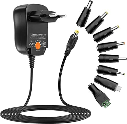 12W Universal Netzteil 3V 4.5V 5V 6V 7.5V 9V 12V 1A AC DC Schaltnetzteil mit 8 DC-Steckern für Lautsprecher Kamera Lampe Tablet und mehr Haushaltselektronik, 1000mA max.