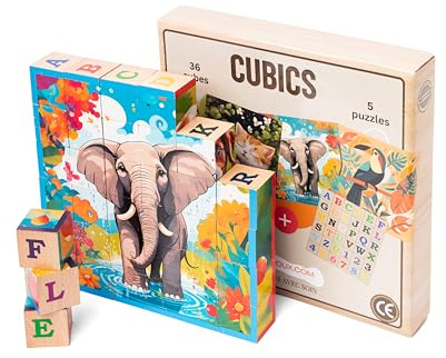 CUBICS 6-in-1 Montessori Holzpuzzle aus Nachhaltigem, Plastikfreiem Holz – 36 Würfel mit Buchstaben, Zahlen & Tieren – Lernspiel für Kinder ab 3 Jahren – Geschenk zu Weihnachten oder Geburtstag