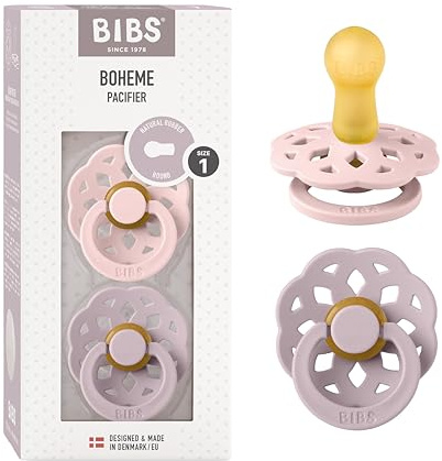 BIBS Boheme Schnuller 2er-Pack. BPA-frei, Kirschform Nippel. Naturkautschuk/Latex, Hergestellt in Dänemark. 0-6 Monate (2er Pack), Blossom/Dusky Lilac