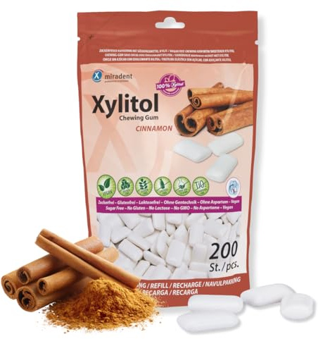 miradent Xylitol Zahnpflegekaugummi Vorteilspackung 200 Stück | Zimt | würziger Geschmack | zuckerfrei | vegan | kariespräventiv | für unterwegs
