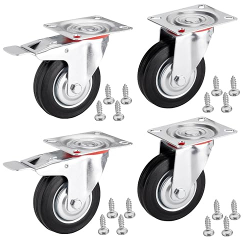 4er SET SOTECH Transportrollen RED Ø 100 mm 2x Lenkrollen Höhe 127 mm | 2x Lenkrollen mit Bremse Anschraubplatte 100 x 82 mm Traglast bis 360 Kg Strandkorbrolle