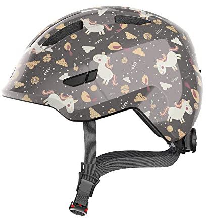 ABUS Kinderhelm Smiley 3.0 - Fahrradhelm mit tiefer Passform, kindergerechten Designs & Platz für einen Zopf - für Mädchen und Jungs - Grau mit Pferde-Muster, Größe S