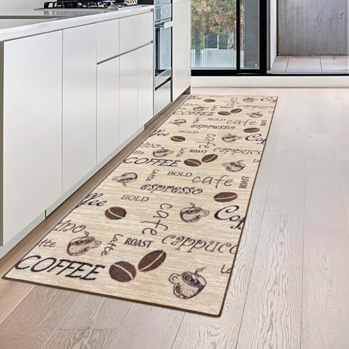 Teppich-Traum Kaffee Küchenläufer beige mit Gelrücken und Schriftzug in braun, 80 x 150 cm