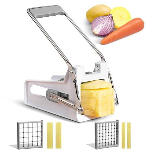 ANJUKE Pommesschneider mit 2 Schneidegrößen für individuelle Pommesdicke, Pommes für 9 oder 12 mm Sticks, Rutschfester Gummifuß, Kartoffelschneider mit Softtouch-Griff (Grau & Weiß)