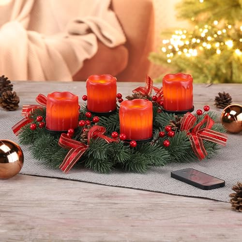 Haushalt International Weihnachtskranz mit LED-Echtwachskerzen und Fernbedienung Ø 30 cm Adventskranz inklusive Fernbedienung Weihnachtsdeko 54424