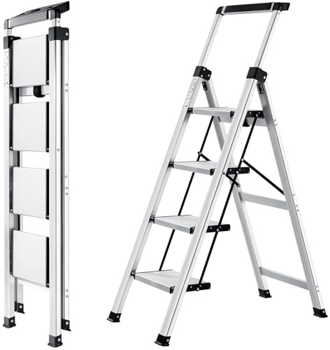 XinSunho Stufenleiter, Trittleiter 4 Stufen klappbar, Leiter Aluminium mit Ablageschale und Handlauf, Tragbare Stehleiter für Haus und Büro, Klappleiter Belastbar bis 150 kg