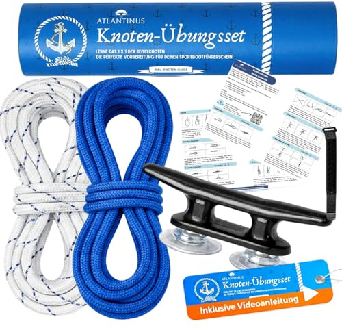 Knoten-Übungsset für den Sportbootführerschein See Binnen SBF mit Video-Anleitung - inkl. 2 x Seilen, Klampe mit Saugnäpfen, Klettgurt & Knotenanleitung auf Papier und Video - Übungstampen