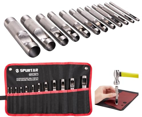 Spurtar 12-tlg. Locheisen Set 1/8'' - 3/4'' Rundlochstanzer für Leder, Gürtel & Uhrenarmband – geeignet für weiches bis mittleres Leder