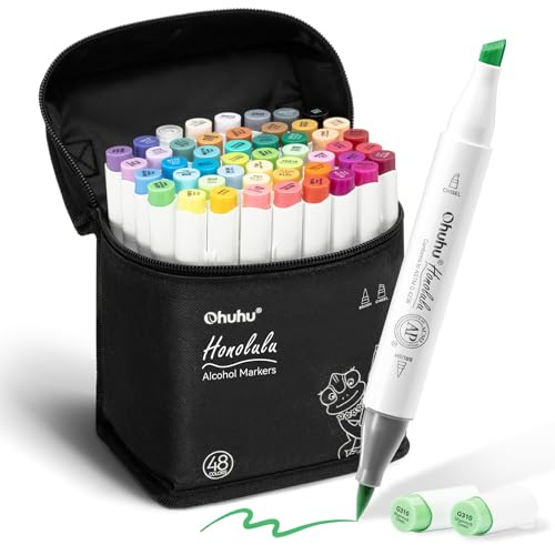 Ohuhu Alkohol Marker mit Pinselspitze: 48 Farben Doppelspitziges Künstlermarker-Set für Erwachsene zum Illustrieren und Kolorieren - Honolulu – Pinsel & Breitspitze – Nachfüllbar