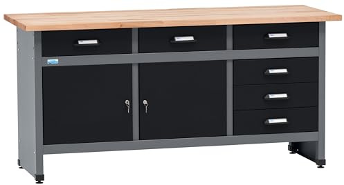 Küpper Werkbank 12179, 170x84x60 cm, 6 Schubladen, 2 Türen, 300 kg Traglast, 30 mm Massive Buchenarbeitsplatte (Schwarz, 170x84x60 cm)