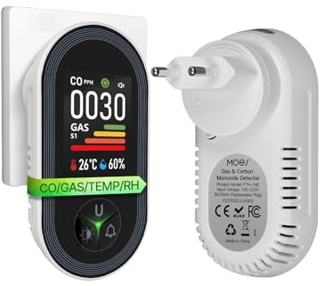 MOES Kohlenmonoxid- und Gasmelder mit Stecker, 4-in-1 CO-Melder mit Temperatur- & Luftfeuchtigkeitssensor, mit akustischem Alarm für LPG, Propan, Methan, Ethan & CO – für Haus & Wohnmobil geeignet