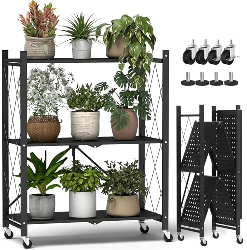 ALANNG Blumenständer mit Rädern, 3 Ablagen Stabiler Pflanzenständer, Metall Pflanzenregal Indoor Einfach/Klappbar, Schwarz