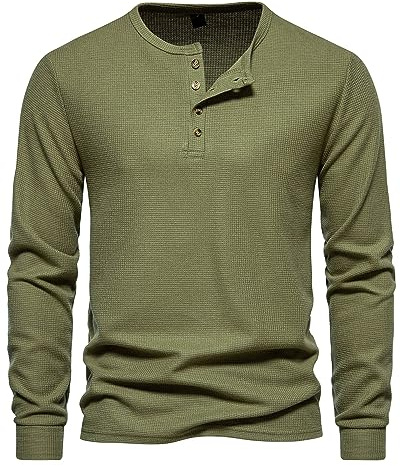 MakingDa Henley-Hemd für Herren, Waffelmuster, schmale Passform, langärmelig, Knopfleiste, ohne Kragen