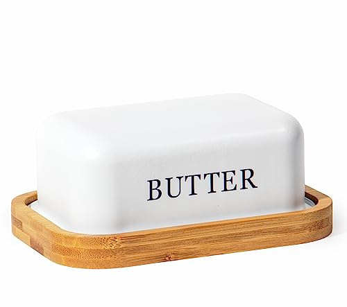 Sylando Butterdose, Butterglocke für 250 g Butter, Butter Dish aus Edelstahl, Butterschale mit Holzdeckel, Weiß