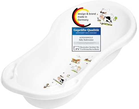 KiNDERWELT Babywanne 100 cm - Baby Badewanne mit Funny Farm Motiv - BPA-Frei - Wanne zum Baden für Babys und Neugeborene -aqua