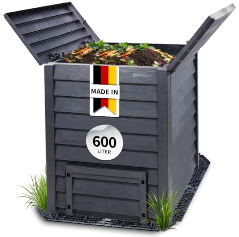 GARANTIA Thermo-Wood Komposter 600 Liter inkl. Bodengitter anthrazit-braun - mit moderner Optik für den Garten - werkzeuglos montiert und komfortabel nutzbar - aus Recyclingkunststoff samt UV-Schutz