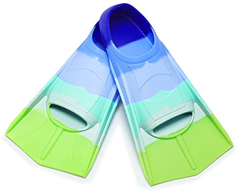Schwimmflossen Kinder, 100% Silikon Kurzflossen, Taucherflossen Regenbogen Flossen für Kinder Erwachsene Männer Frauen Schwimmen Tauchen (Regenbogen-Blau, XXS)