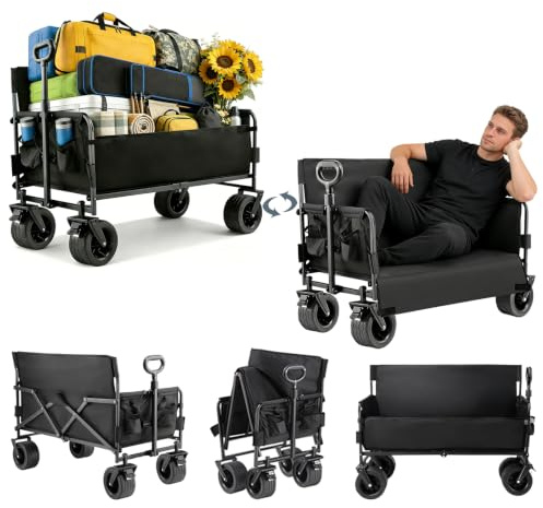 Nine point nine Bollerwagen Faltbar Umbaubar zur Bank, 445LBS Tragkraft Bollerwagen, Handwagen Mit Flexiblem Griff, Strandwagen Mit Rädern (008 Black)