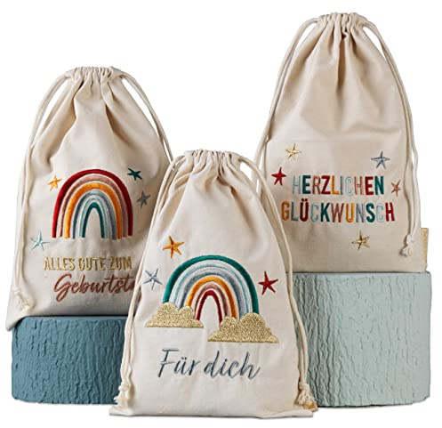 Papierdrachen 3 Geschenksäckchen zum Geburtstag - Regenbogen | Geschenkverpackung- Größe 20x30cm - mit Zugband - Aus Baumwolle - Hochwertig bunt bestickt - für kleine Überraschungen