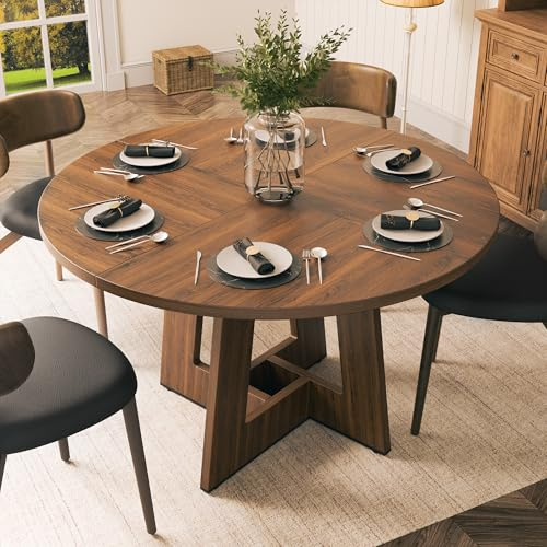 YOUDENOVA Runder Esstisch 120 cm, Esszimmertisch Holz Für 4‑6 Personen, Rustikale Küchentisch‑Ästhetik Mit Modernem Geometrie Junkturfuss, Rustikalbraun (OHNE STÜHLE)