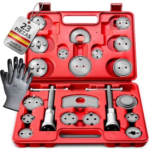 TRESKO® 23tlg Universal-Bremskolbenrücksteller Set inkl. Handschuhe | Bremssattel Rückstellwerkzeug zum Zurückstellen des Bremskolben | Auto Kolbenrücksteller KFZ-Werkzeug