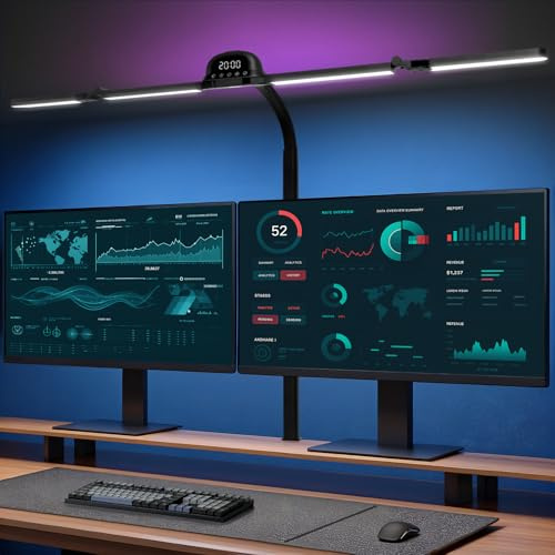 Bludrfnly Schreibtischlampe LED mit RGB, 120cm Monitor Lampe Klemmbar Dimmbar, Tageslichtlampe mit Bewegungssensor, Lichtsensor, Fernbedienungs, Uhr, für Büro, Lesen, Architekten, Schneider