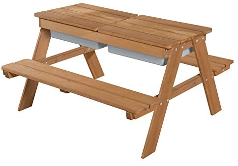 roba Kinder Outdoor+ Sitzgruppe mit 2 Spielwannen – Kindersitzgruppe aus Massivholz & Matschtisch für Sand und Wasser – Teak-Optik