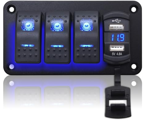 Geloo 3 Gang Schalter Panel Wasserdicht, 12V/24V Marine Schalttafel Wippschalter mit 4,8A Dual-USB LED Voltmeter Kippschalter für Auto Boot LKW Wohnmobil