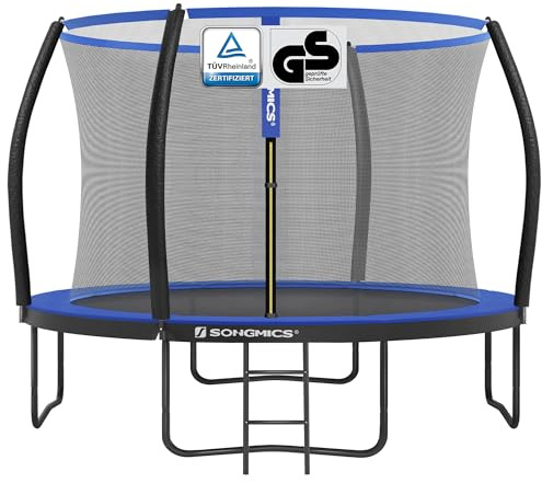 SONGMICS Trampolin 305 cm d, Gartentrampolin für Kinder mit Sicherheitsnetz, 180 cm hohe gebogene Stangen, Randabdeckung, Leiter, Stahlrahmen, schwarz-blau STR10BK