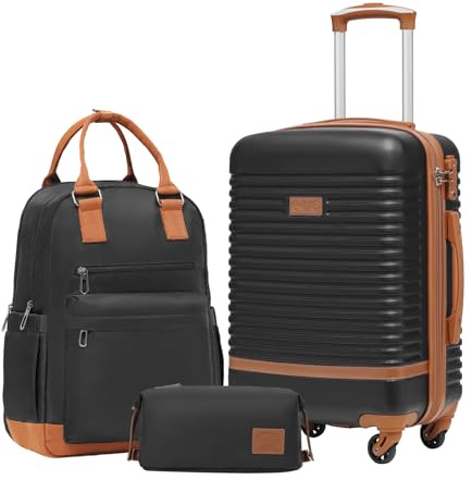 COOLIFE Koffer Trolley Koffer Reisekoffer von ABS Hartschalen Trolley 4 Rollen TSA-Schloss Der Koffer Enthält 1 Reiserucksack und 1 Kulturbeutel (Schwarz/Braun, Handgepäck-Set 3tlg)