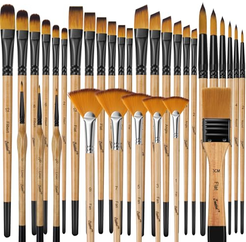 Bougimal Pinselset Acrylfarben, 32 Acryl Pinsel Set, Künstlerpinsel mit rund, eckig, flach, Fan Pinsel Set für Künstler und Anfänger zum Malen