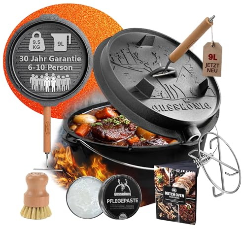 GUSSKÖNIG Dutch Oven Set-Eingebrannter Dutch Oven 9L [6-10 Person]-Feuertopf Gusseisen ohne Füßen-Schmortopf Doppelfunktion-2in1 Deckelheber,Untersetzer,Bürste,DutchOven Rezeptbuch-30 Jahre Garantie