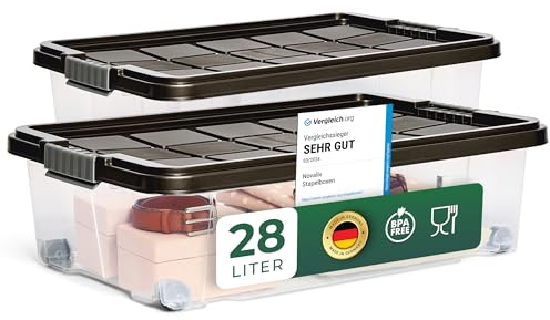 Novaliv 2x Unterbettkommode mit Rollen 28L Aufbewahrungsbox Deckel Anthrazit Nestbar stapelbare mit Clipverschluss Rollkiste BPA-frei 61x40x17 cm