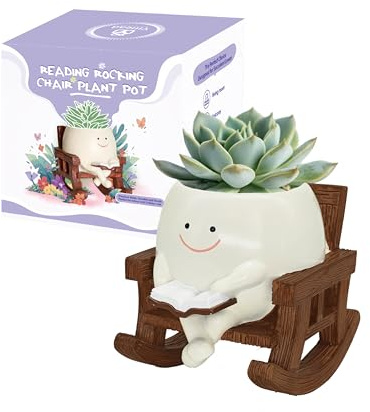 yiilead Blumentopf mit Smiley-Gesicht, süße Blumentöpfe für drinnen und draußen, einzigartiger Schaukelstuhl-Blumentopf für Sukkulenten mit Abflussloch, Geschenkideen für die Mutter (lesen)