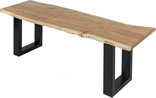 SAM Esszimmerbank 100x42 cm Chicago, Akazienholz naturfarben, Massive Holzbank mit echter Baumkante, Baumkantenbank mit U-Gestell Schwarz, Sitzbank mit 26 mm Platte