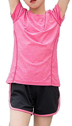 Echinodon Mädchen Sport Set Kurz Atmungsaktiv Schnelltrockend Shirt + Shorts Sportanzug für Yoga Jogging Training Rosa 150