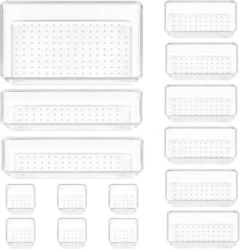 Vtopmart 37 Stücke Schubladen Ordnungssystem mit 4 Größen, Schubladen Organizer, Klar Kunststoff, Schminktisch, Einsetzbar für Makeup, Küchen, Bad, Büro