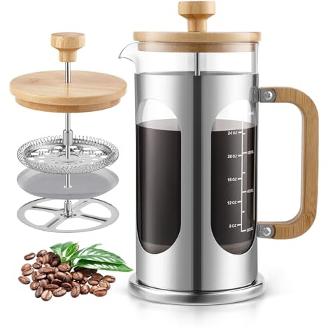Sivaphe French Press Kaffeemaschine 1000ml,Plastikfrei Cafetiere Kaffee Kolben 34oz, Borosilikatglas mit Bambusgriff,8Tassen