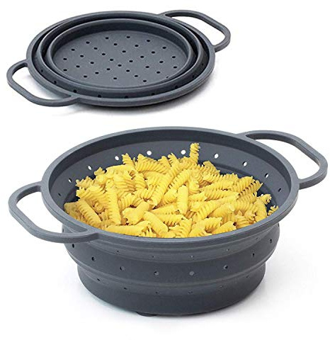 Sanni Shoo hitzebeständiges Falt-Sieb 26 cm Ø - faltbares, klappbares, platzsparendes Sieb, Seiher, Nudelsieb, Dämpfeinsatz für Küche und Camping aus Silikon u. Metall (anthrazit)