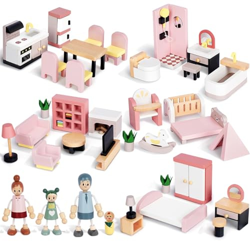36pcs Wooden Dollhouse Furniture Set with 4 Family Dolls, 5 Rooms Wood and Plastic Pink Dollhouse Accessories