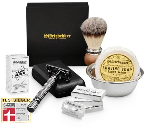 Störtebekker® Premium Rasierhobel Set für Herren im handgefertigten Lederetui - Rasierset mit Rasierpinsel, Rasierschale Edelstahl, Rasierseife, Alaunstein und Rasierklingen - Bartpflege Set Männer